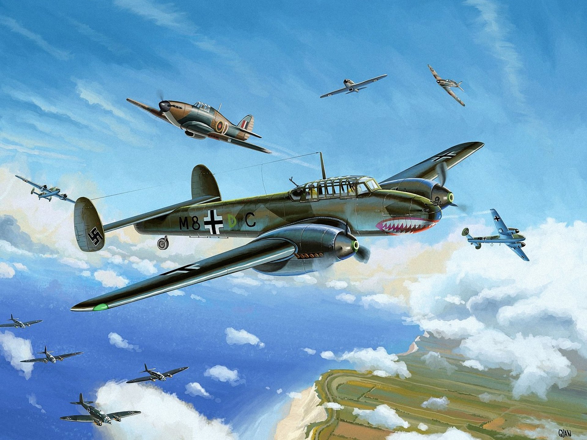 1920x1440 Battle Of Britain Ww2 Art War Painting Drawing Dogfight Hurricane - Battle Of Britain Painting