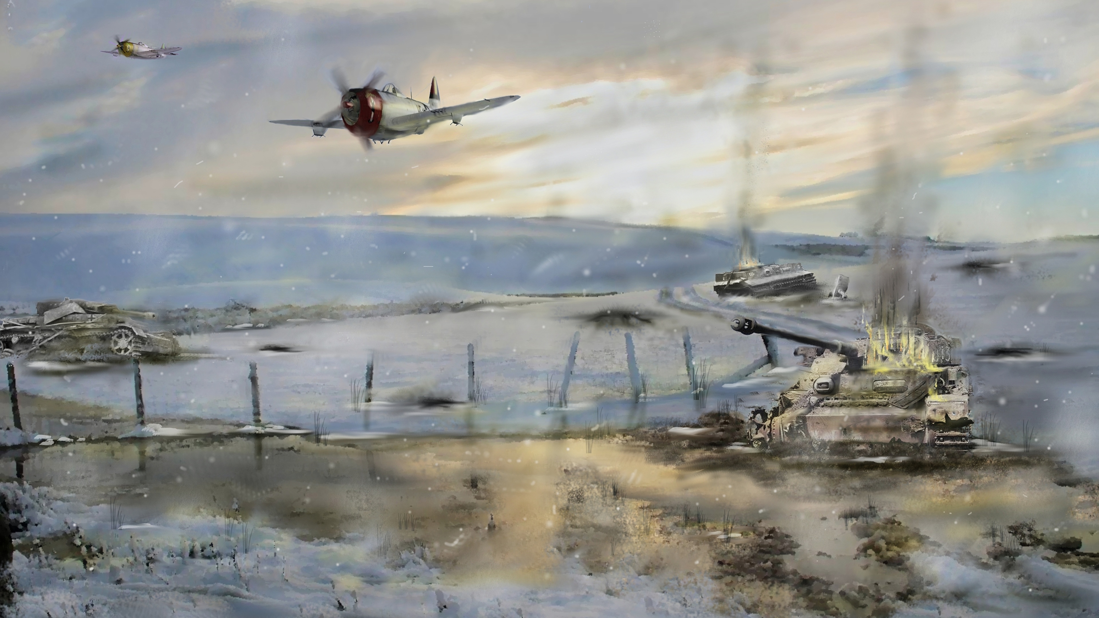 3840x2160 Picture Airplane Tanks Battle Of The Bulge, Dec.16, 1944 3840x2160 - Battle Of The Bulge Painting