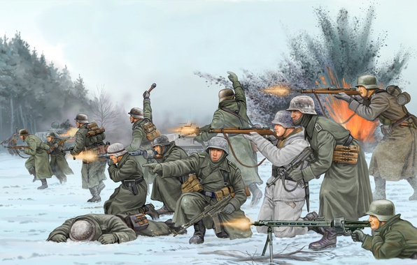 596x380 Wallpaper Art, Soldiers, Belgium, Battle, Game,, - Battle Of The Bulge Painting