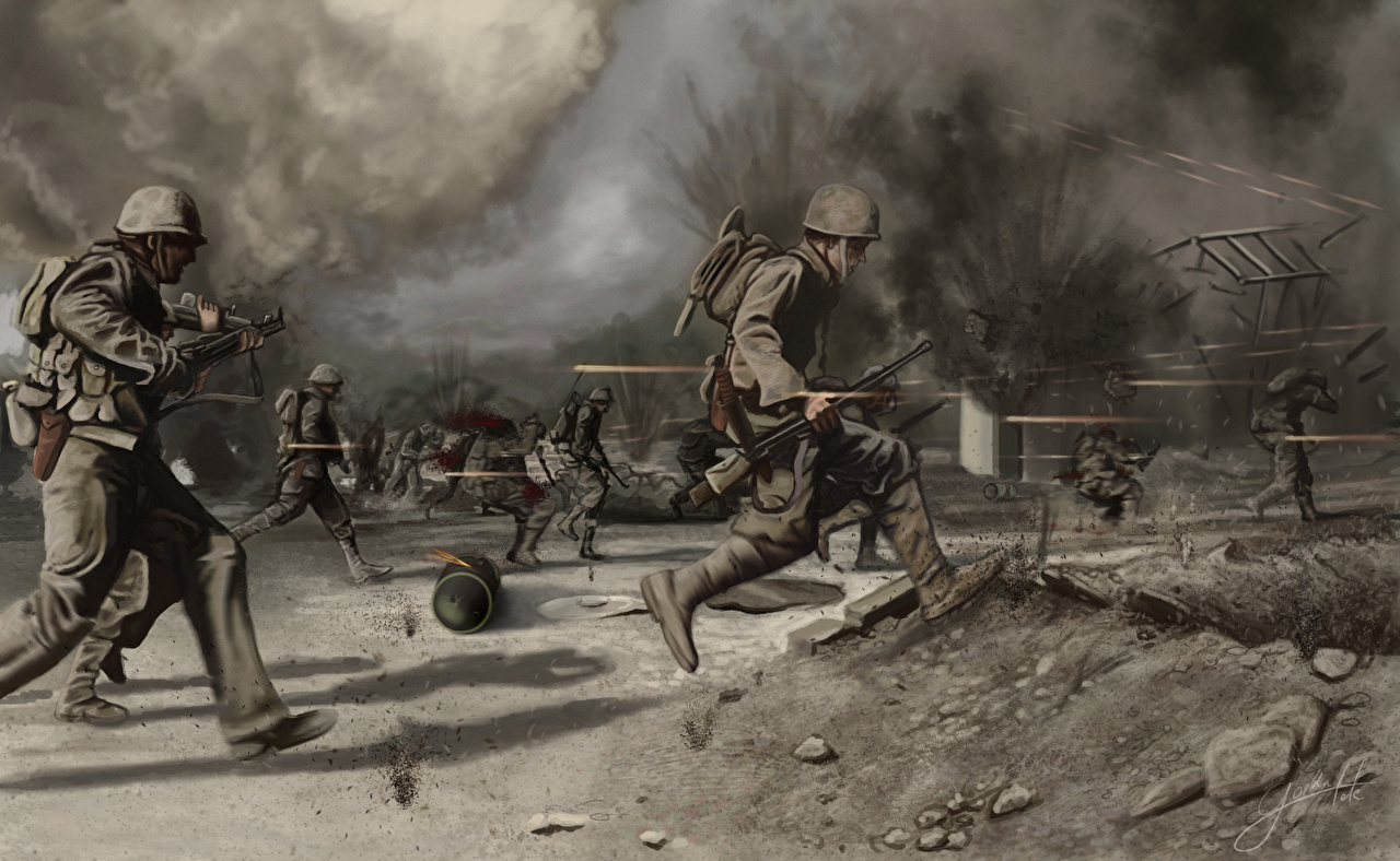 1280x788 Picture War Soldiers Crossing The Battlefield Painting Art Army - Battlefield Painting