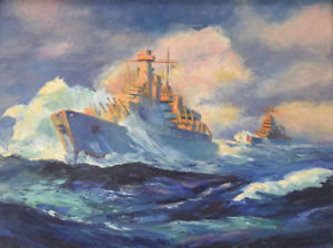 300x224 Vintage Original Ww2 Wwii Naval Battleship Military Art - Battleship Painting