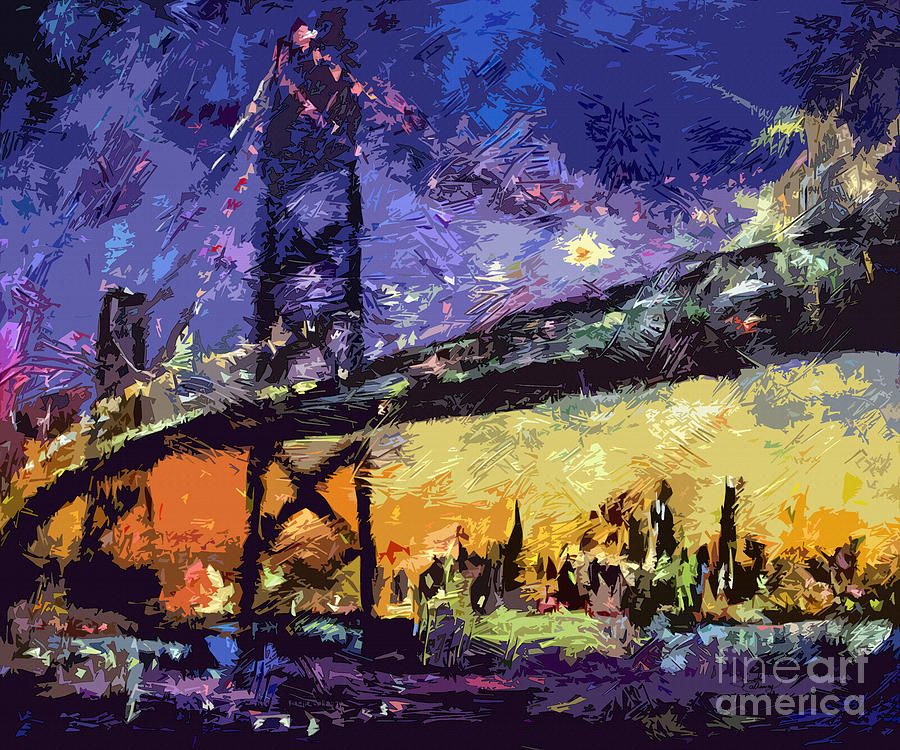 900x750 Abstract San Francisco Oakland Bay Bridge At Night Canvas Print - Bay Bridge Painting