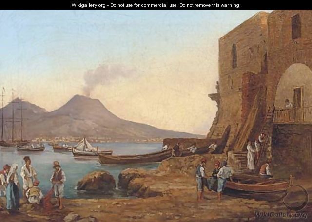 640x456 Fishermen On The Shores Of The Bay Of Naples - Bay Of Naples Painting