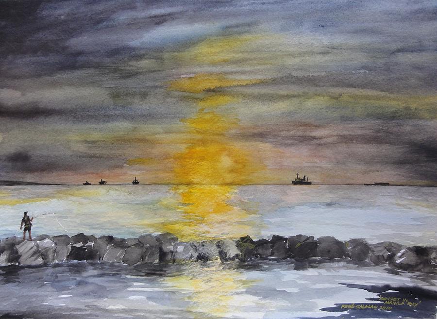 900x657 Sunset In Manila Bay Painting By Rene Salalac - Bay Painting