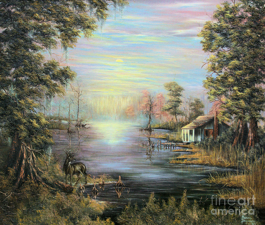 900x764 Camp On The Bayou Painting By Karry Degruise - Bayou Painting