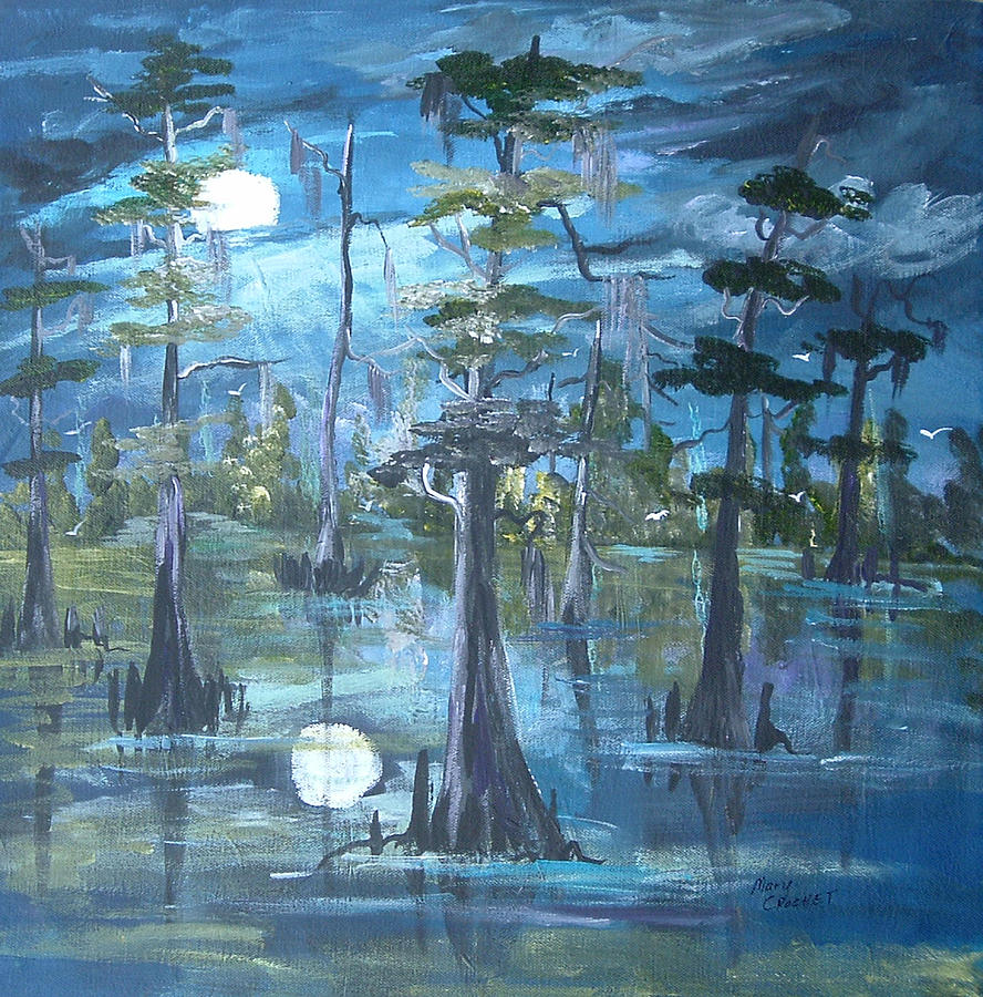 888x900 Moonlight On The Bayou Painting By Mary Crochet - Bayou Painting