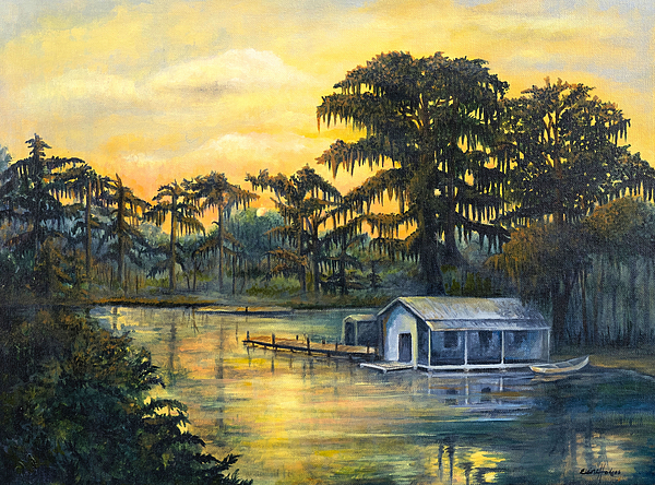600x444 Bayou Sunset Painting By Elaine Hodges - Bayou Painting