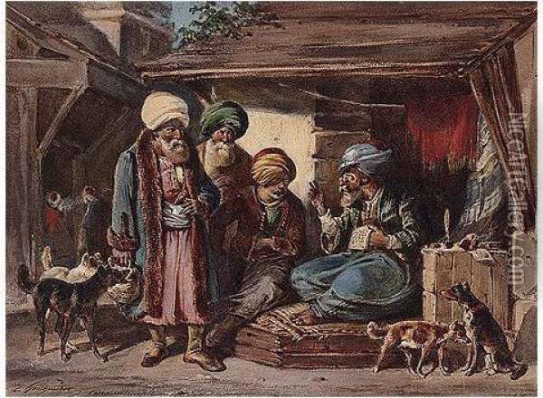 600x440 Merchants At A Bazaar In Constantinople Oil Painting Reproduction - Bazaar Painting