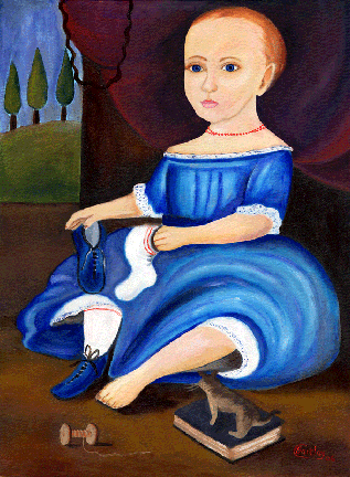 317x432 Primitive Portrait Painting Original Child Blue Dress Cat - Bbw Painting