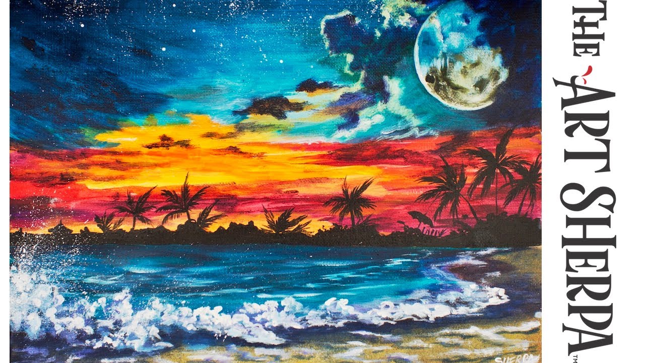 1280x720 Night Sky Waves And Beach Acrylic Painting Landscape Tutorial - Beach Acrylic Painting