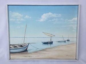 300x225 Beach Scene Sailboat Fishing Boat Original Acrylic Painting Ken - Beach Acrylic Painting