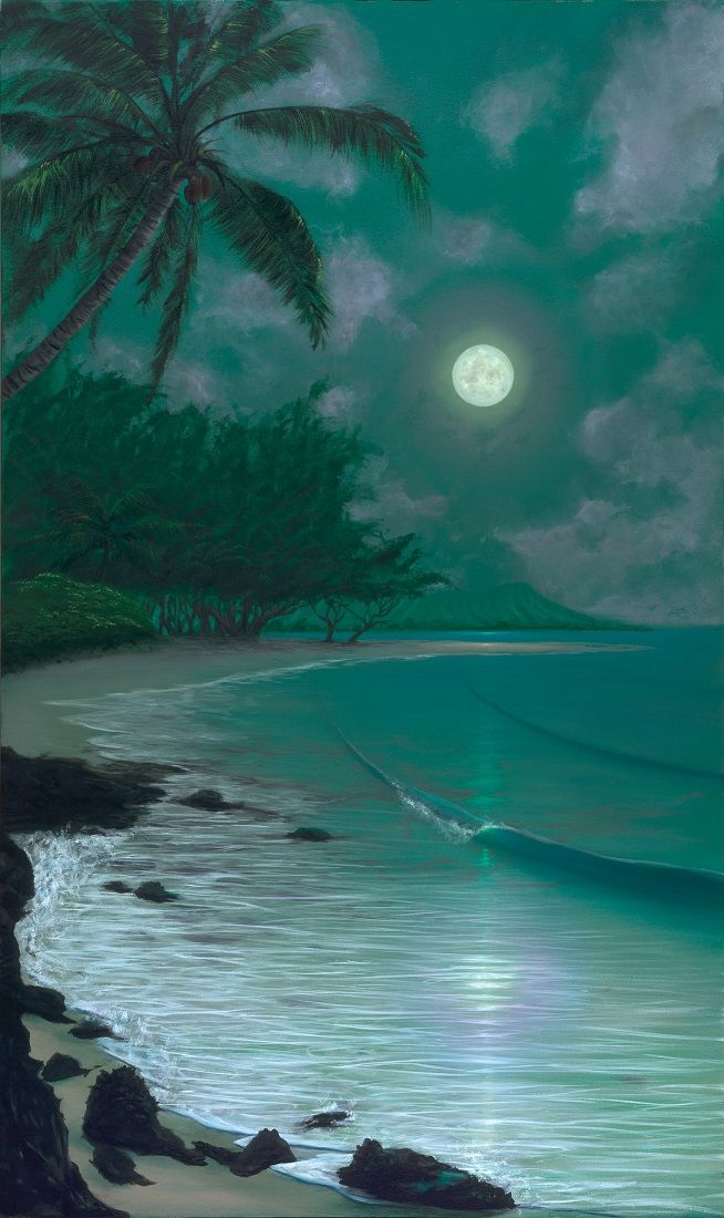654x1100 Paintings For Homes Ewa Moon Tropical Beach Night Scene Giclee - Beach At Night Painting