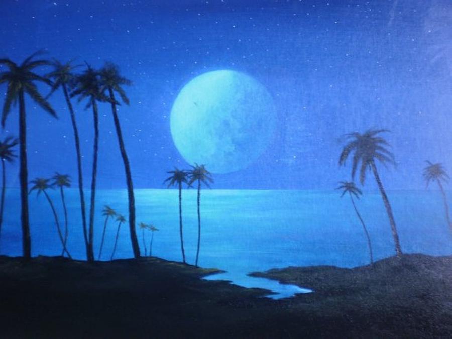 900x675 Peaceful Moonlit Night Painting By Michael Odom - Beach At Night Painting