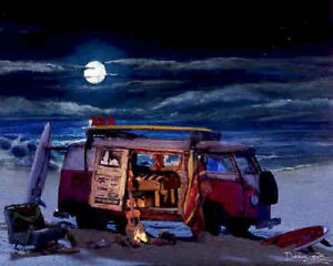 300x240 Vw Bus Art Print Painting ~ Night Beach Campfire Scene - Beach At Night Painting