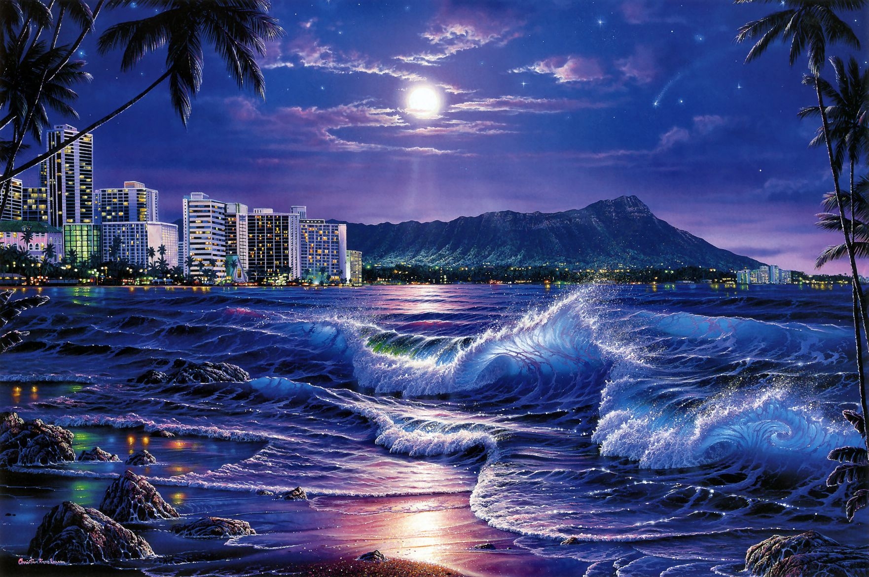 1762x1170 Wallpaper Sea, Waves, City, Night, Beach, Moon, Stars, Painting - Beach At Night Painting
