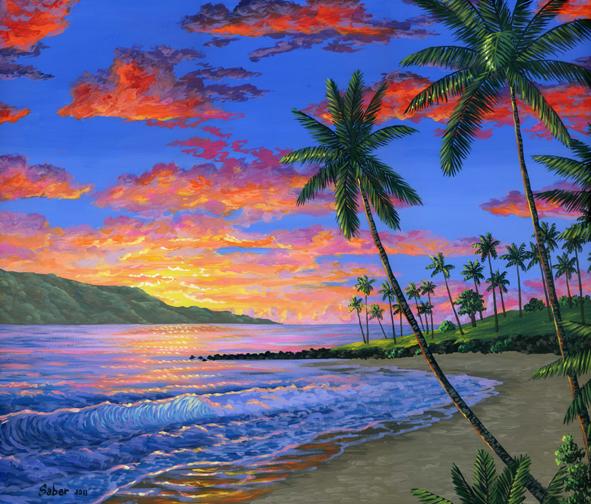 591x504 Tropical Sunsetswaterscapes - Beach At Sunset Painting