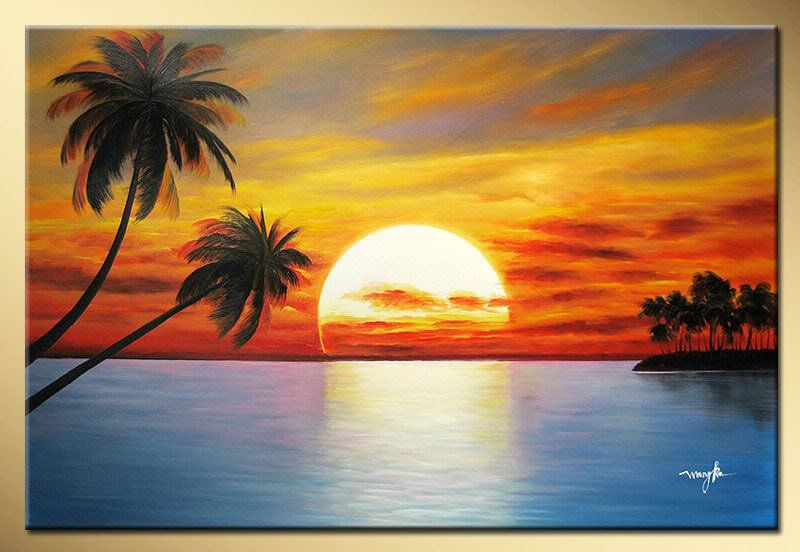 800x552 Art Works Hand Painted The Sun Rising Coconut Trees Decorative - Beach At Sunset Painting