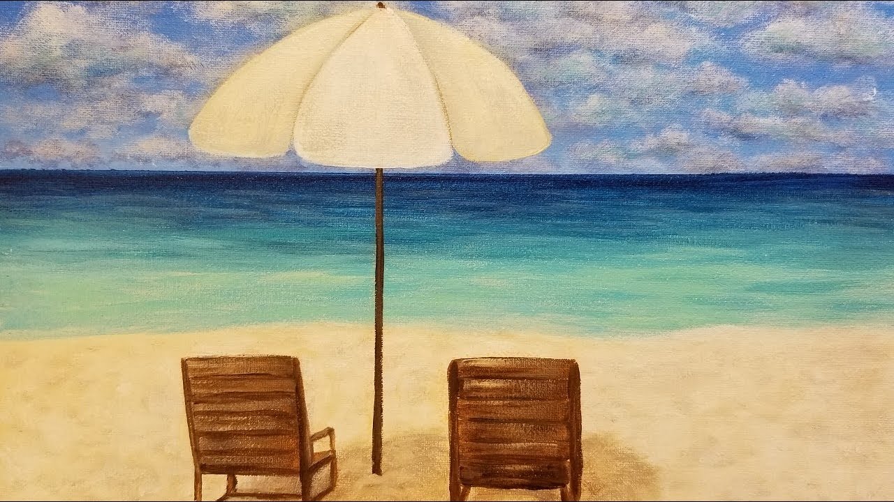 1280x720 Easy Seascape Beach Chairs Amp Umbrella Live Acrylic Painting - Beach Chair Painting