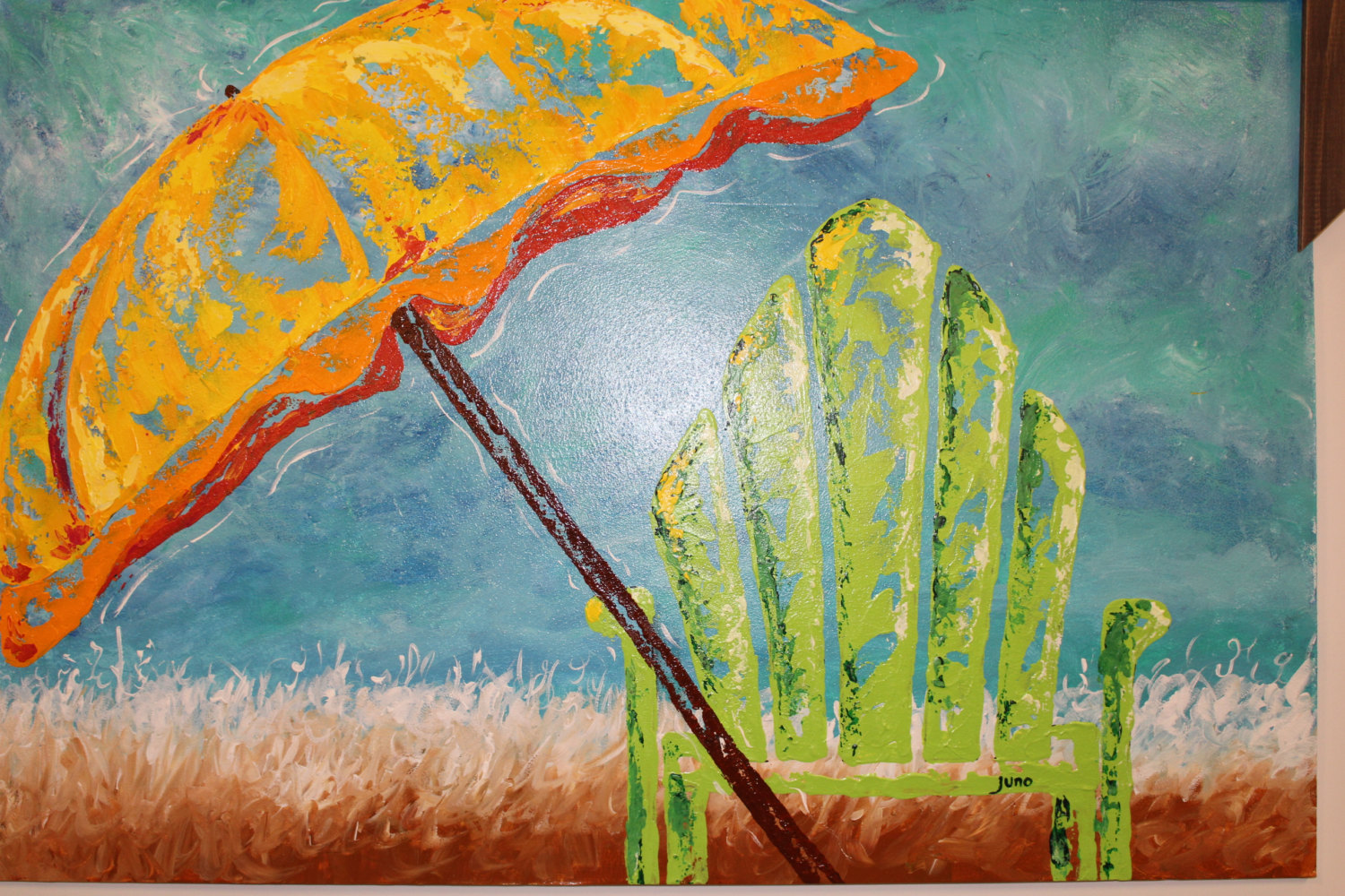 1500x1000 Framed Abstract Green Beach Chair And Umbrella Painting - Beach Chair Painting