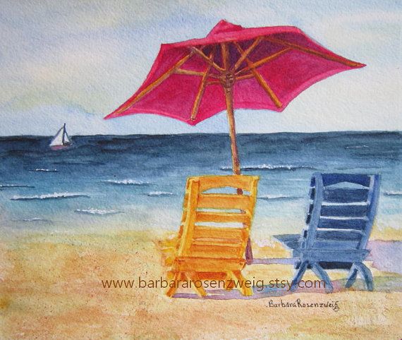 570x482 Beach Art Beach Chair Painting Beach Wall Art By Barbararosenzweig - Beach Chair Painting