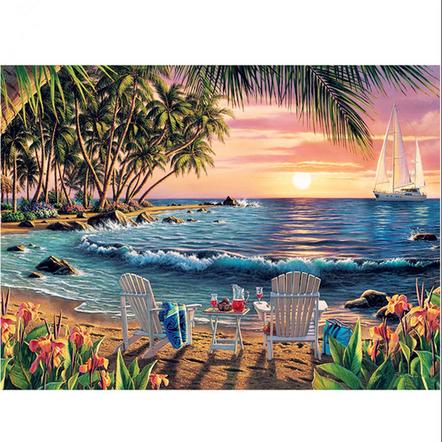 640x640 Full Drill Diamond Painting Mosaic Embroidery The Seaside Scenery - Beach Chair Painting