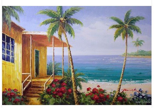 520x363 Caribbean Beach House Shack Shore Coconut Palms Surf Ocean 24x36 - Beach House Painting