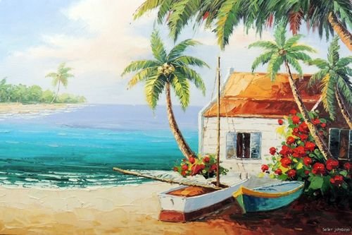 500x333 Caribbean Island Beach House Sand Boats Dinghy Palms Oil Painting - Beach House Painting