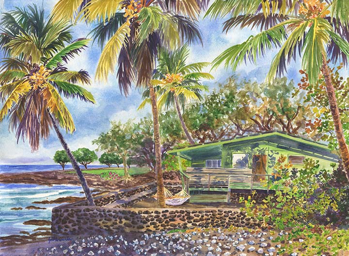 720x528 Green Kona Beach House In Hawaii Watercolor Painting By Artist - Beach House Painting