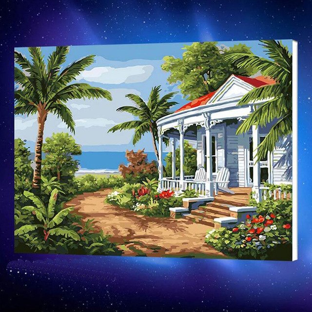 640x640 50x65cmdiy Painting By Numbers Beach House Frame Picture On Wall - Beach House Painting