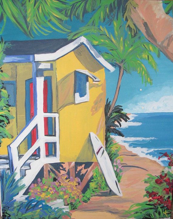 570x721 Beach House 8x10 Colorful Acrylic Contemporary Beach Painting - Beach House Painting