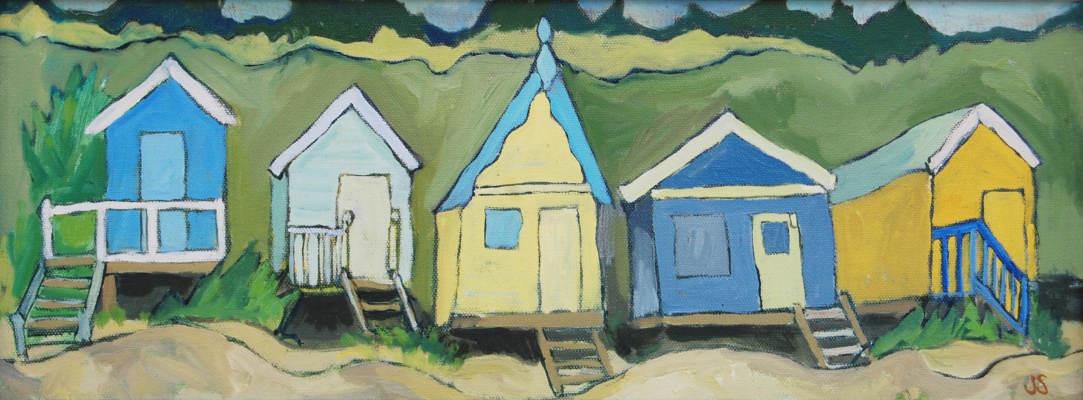 1083x400 Beach Huts Painted By Judy Strafford, Hampshire Artist - Beach Hut Painting