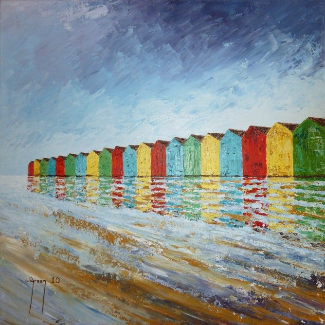 668x668 Beach Huts In Reflection Art Shellsseaside Beach - Beach Hut Painting