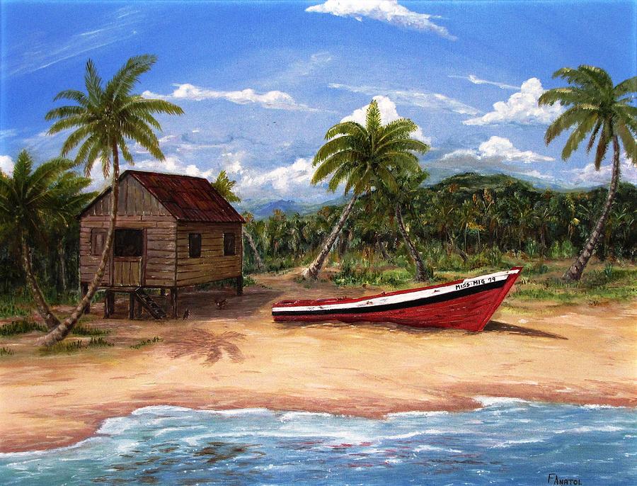 900x686 Tropical Beach Hut Painting By Frank Anatol - Beach Hut Painting