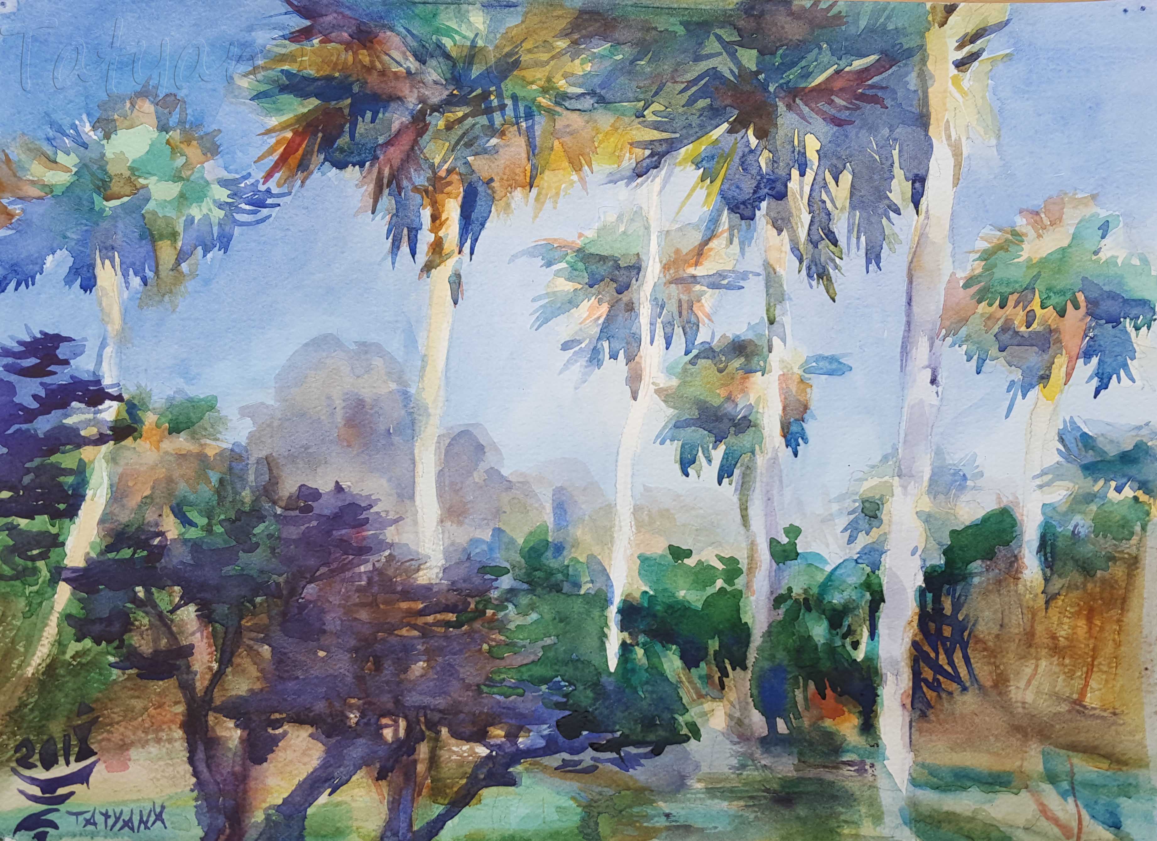 3684x2680 Palm Trees Beach Landscape Watercolor Painting For Sale Original Art - Beach Landscape Painting
