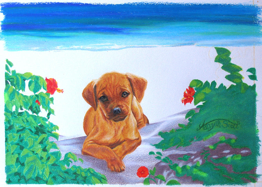 900x643 Puggle Dog Art Puppy Tropical Beach Landscape Painting Painting By - Beach Landscape Painting