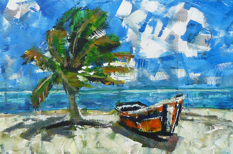 768x509 Beach Boat Painting Palm Tree Ocean Landscape Art For Sale - Beach Landscape Painting