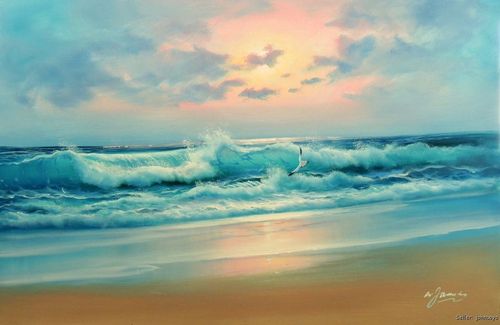 500x325 Blue Green Caribbean Sea Surf Waves Beach Ocean Pink Sunset 24x36 - Beach Oil Painting
