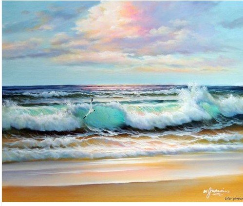 499x422 Blue Green Caribbean Sea Surf Waves Beach Sunset Stretched 20x24 - Beach Oil Painting