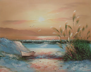 300x237 Very Nice Oil Painting Of Sunset Beach With Crashing Waves, Boat - Beach Oil Painting
