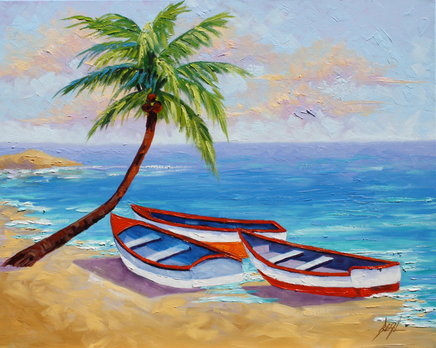 1500x1198 Boat Oil Painting Tropical Beach Painting By Rebeccabeal On Zibbet - Beach Painting