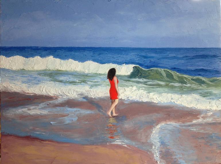 770x572 Saatchi Art Girl With Red Dress Main Beach Painting By Aet Paaro - Beach Painting