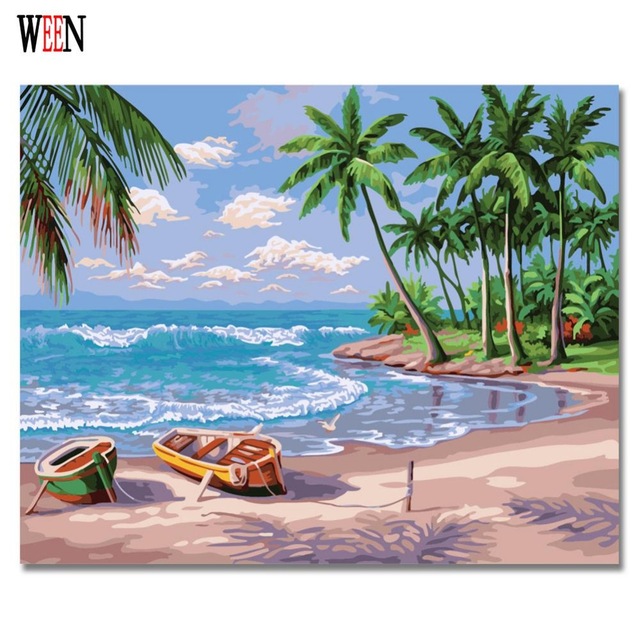 640x640 Sandy Beach Painting By Numbers On Canvas Modern Diy Boat Wall - Beach Painting