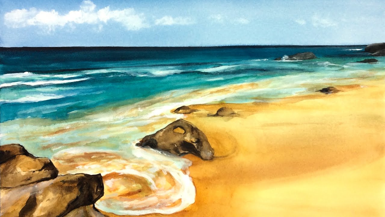 1280x720 Watercolor Sandy Beach Painting Demonstration - Beach Painting