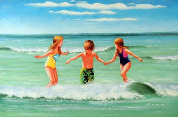 600x395 Children Beach Playing Surf Waves Kids Boy Girls Stretched 24x36 - Beach Painting For Kids