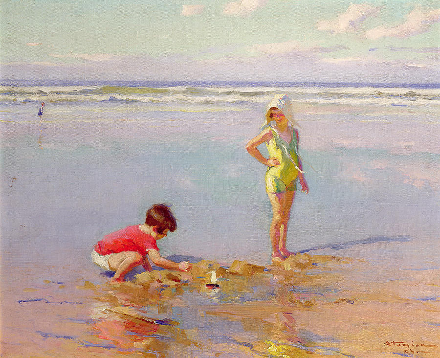 900x732 Children On The Beach Painting By Charles Garabed Atamian - Beach Painting For Kids