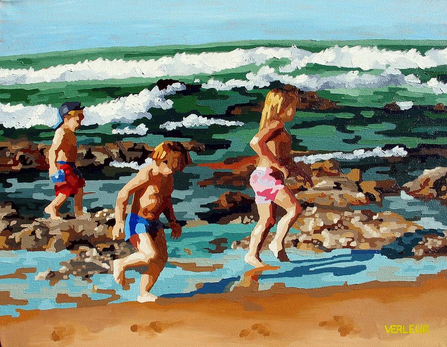 900x699 Kids On The Beach Painting By Bronwynne Verleur - Beach Painting For Kids