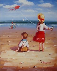 239x300 Quality Hand Painted Oil Painting, Kids Playing On Beach , 8x10in - Beach Painting For Kids