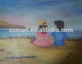 350x271 Warm Scene Two Little Kids Sitting Together Beach Child Oil - Beach Painting For Kids