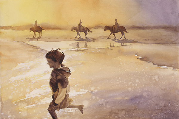 600x400 Watercolor Painting Of Child And Horses Beach - Beach Painting Obx