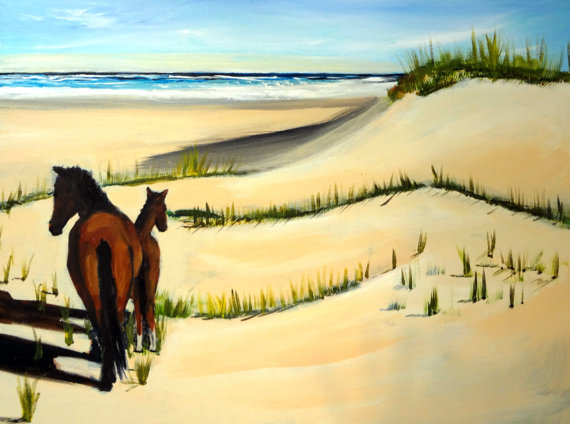 570x424 Horses On Outer Banks Beach Framed Seascape Original Painting - Beach Painting Obx